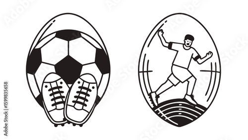 Soccer Ball and Player Icon Set Black and White Vector on Transparent Background This black