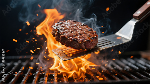 A dynamic action shot of a thick hamburger patty being flipped on a fiery barbecue grill with a metal spatula, with flames and smoke rising around it