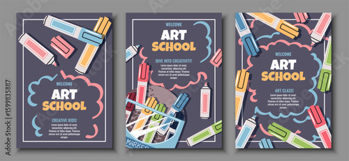 Kids Art School Poster Set. Vibrant Banners set of Alcohol Markers, Art Supplies for Classroom Decor, Illustration Workshops, Design Studios. Template for banner, flyer, invitation