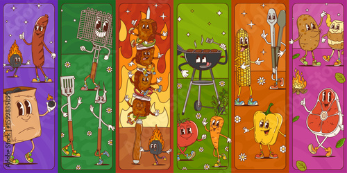 Bbq barbeque food groovy characters collage with cartoon food, utensils and grill accessories. Vector sausages, skewers, steak, corn, charcoal and vegetables comic personages create a fun cookout vibe