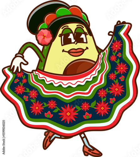 Cartoon groovy avocado tabasco dancer character. Ripe avocado half, fresh tropical fruit as Mexican woman isolated vector groovy character dancing, wearing tabasco dress with red flowers pattern