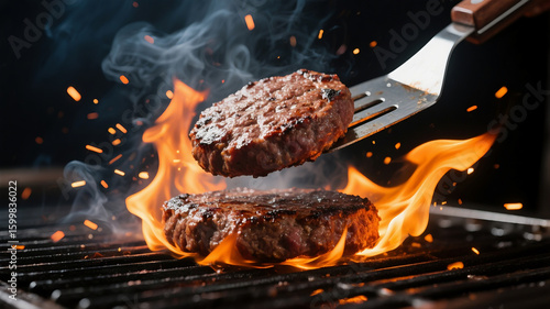 A dynamic action shot of a thick hamburger patty being flipped on a fiery barbecue grill with a metal spatula, with flames and smoke rising around it