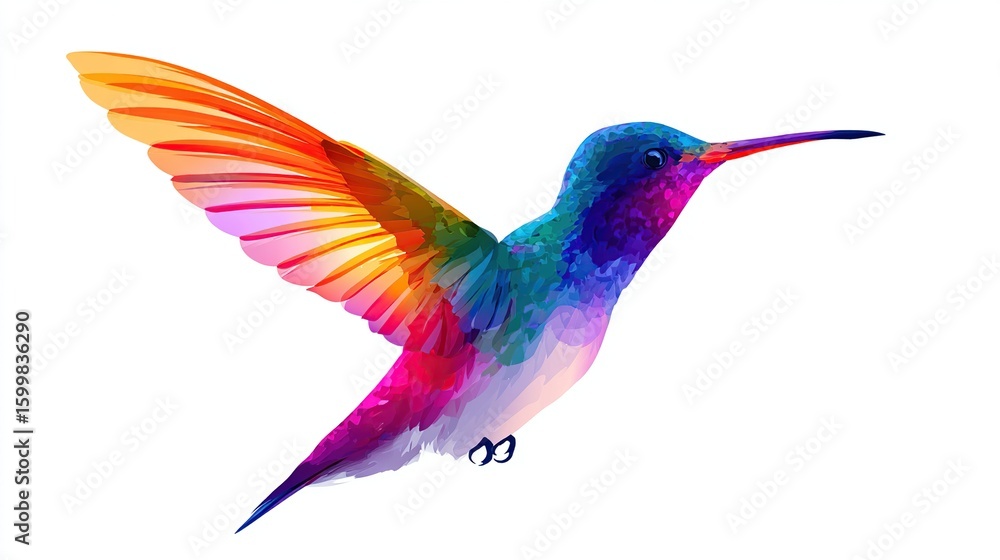 Obraz premium Vibrant hummingbird with rainbow wings mid-flight on a plain white background