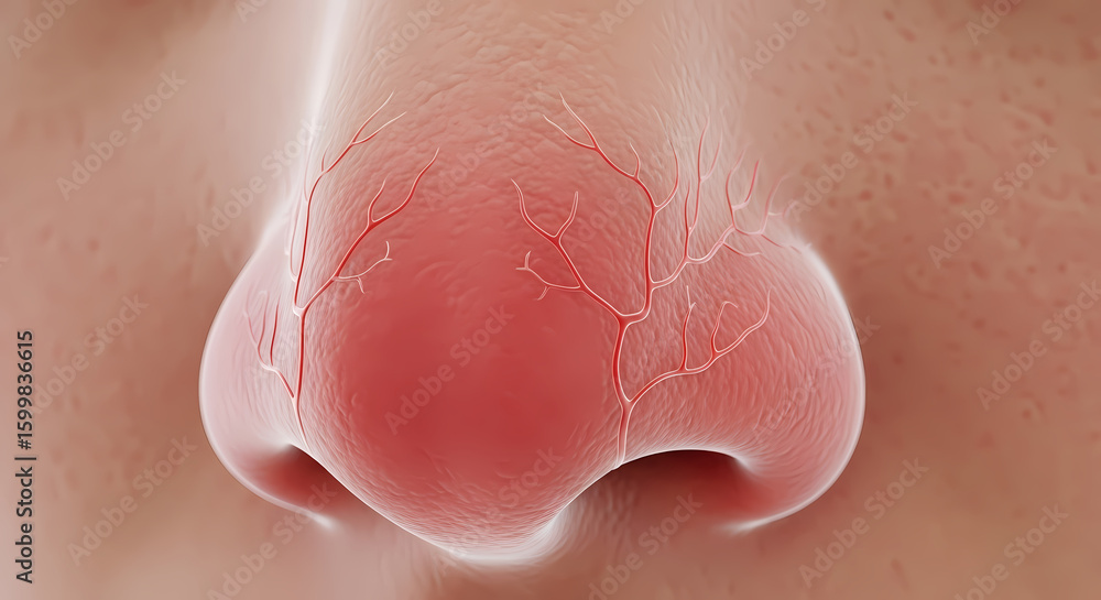 Fototapeta premium Close-up detailed medical illustration of a human nose, showcasing its internal vascular network and skin texture.