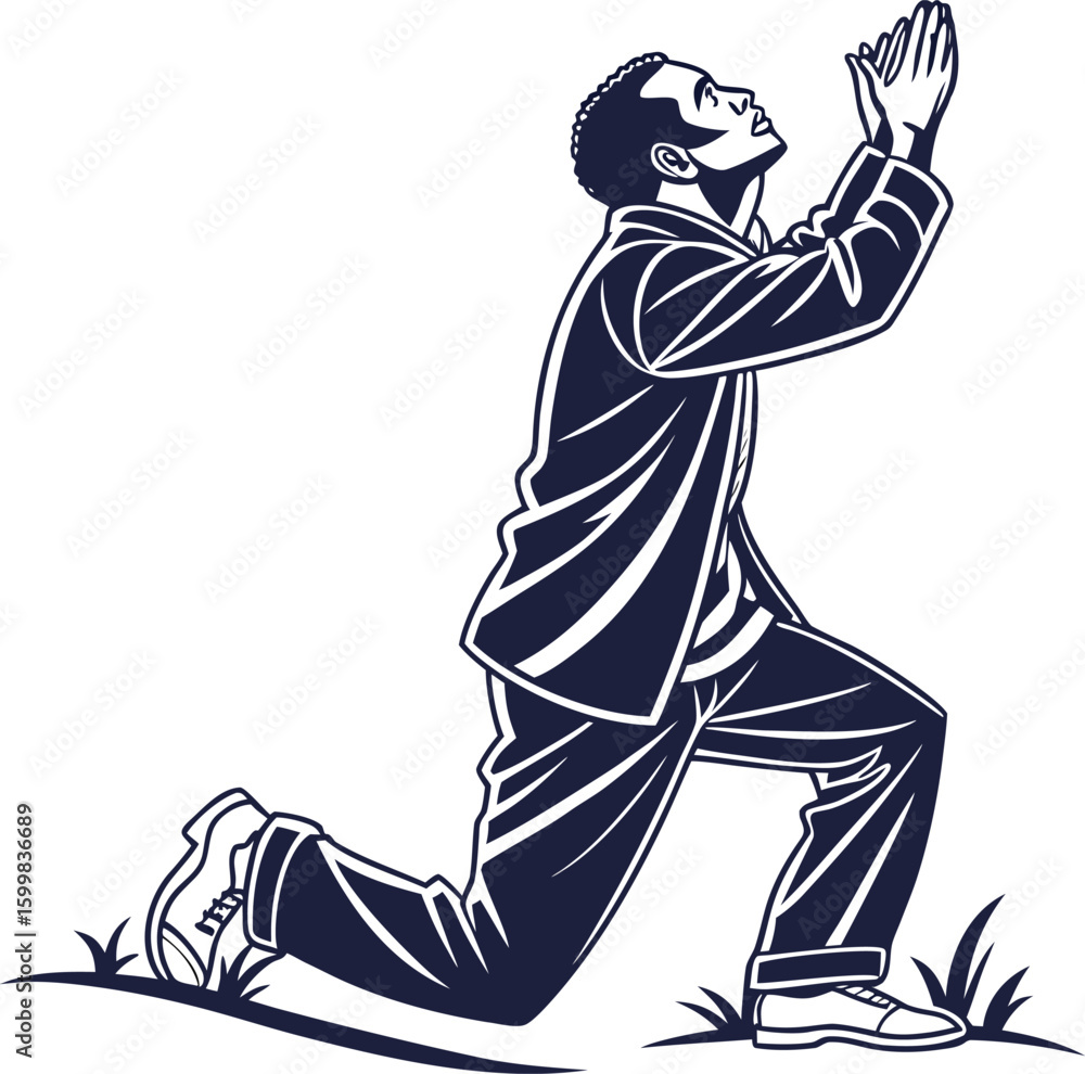 Fototapeta premium Man in suit kneeling and praying with hands clasped upwards