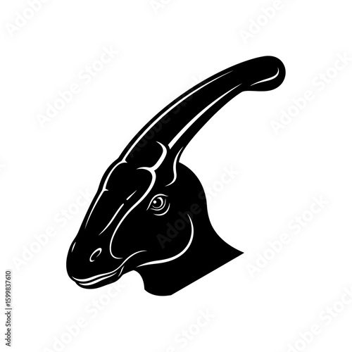 Silhouette of a Parasaurolophus dinosaur head with its distinctive crest, isolated on a white background.