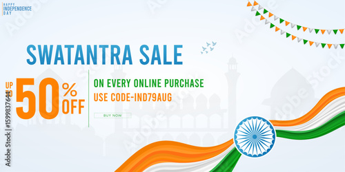 Indian Independence Day Sale: Banner, 15 august sale |Swatantra Sale with 50% off on online purchases for. india independence day sale. Poster, Sale, offer, 