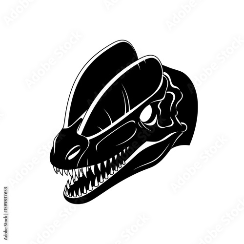 Black and white illustration of a Pachycephalosaurus dinosaur head with prominent dome and sharp teeth.