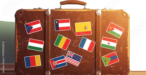 Vintage brown suitcase adorned with colorful flag stickers from various countries evokes travel memories and global adventures, perfect for travel blogs or international themes.