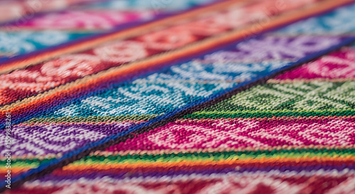 Close-up view of a vibrant, intricately patterned textile with colorful stripes and designs.