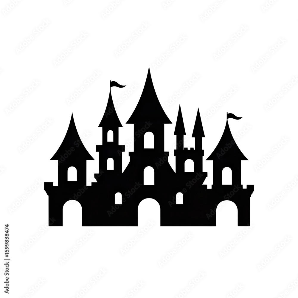 Obraz premium Fairytale Castle Silhouette: Dark, Mysterious, Line Art Illustration