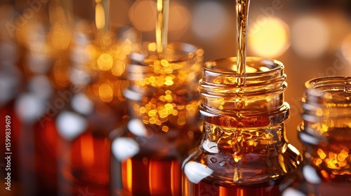 Amber Elixir:  Bottles of Golden Essential Oil Being Filled, Close-Up Photography
