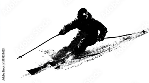 Wallpaper Mural Skiier carving down a snowy slope, sharp black silhouette on bright white background Torontodigital.ca