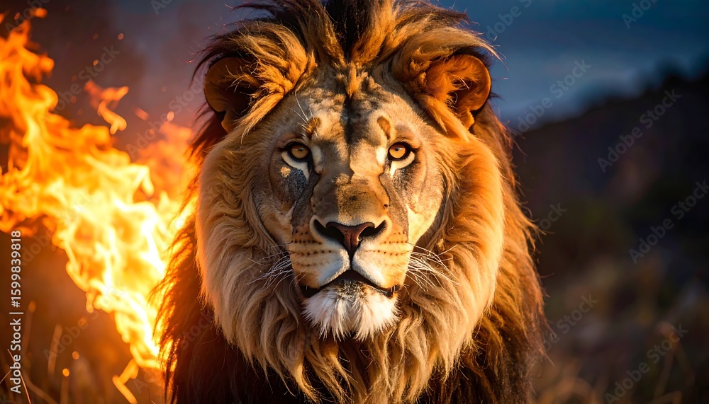 Fototapeta premium Majestic lion engulfed in flames