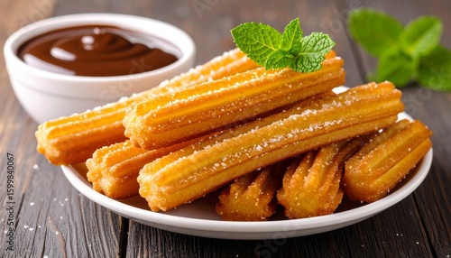 Plate of delicious golden churros with rich chocolate dipping sauce and a fresh mint garnish. Traditional Spanish dessert.


