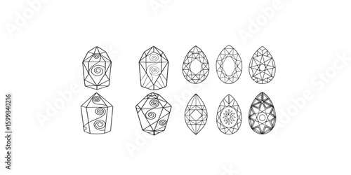 Print  Set of chakra crystals outline vector illustration, line art