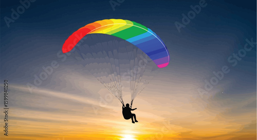A paraglider soars against a vibrant sunset sky, its colorful canopy displaying a rainbow of hues, creating a sense of adventure and freedom in the open air.