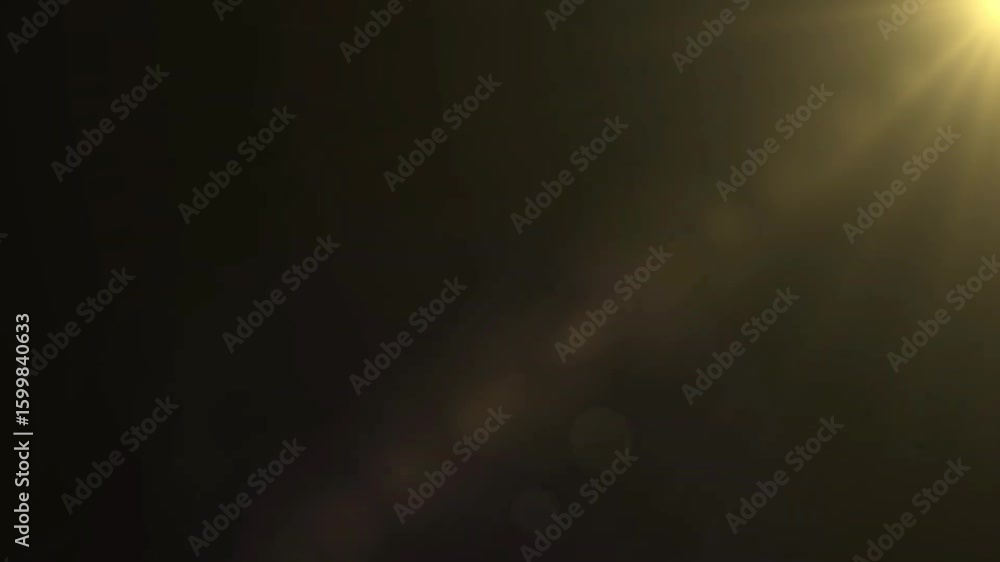 Top right side sun rays on black background. 4K beautiful white spotlight effects moving on top left. Flash lights, bright light lens flare effect
