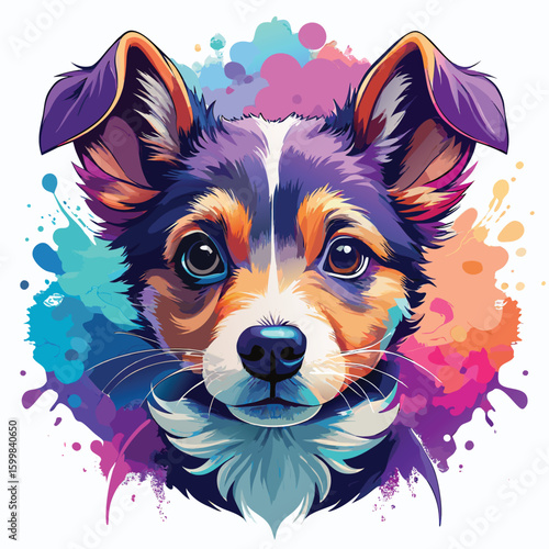 A delightful border collie puppy with a fluffy white and black coat sits in a studio, its adorable, purebred features captured in a charming pet portrait