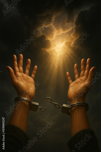 Hands breaking free from handcuffs reaching toward divine light through dark clouds for concept of spiritual freedom redemption and liberation from oppression