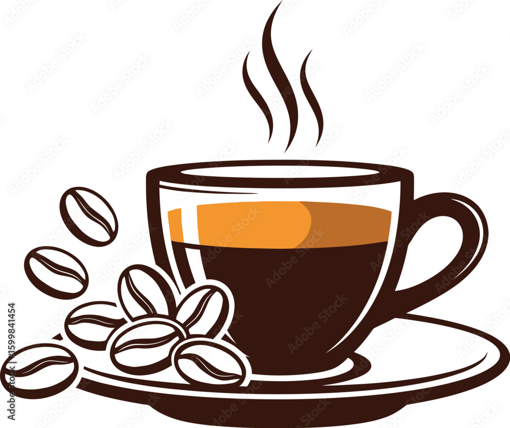 Obraz premium Aromatic coffee illustration showcases a steaming cup with coffee beans, perfect for cafe menus, beverage promotions, and morning drink designs, conveying warmth and a rich flavor experience.
