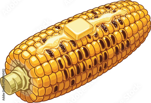 A vibrant illustration showcases a delicious ear of corn, complete with a melting pat of butter, perfect for culinary projects, summer barbecues, or educational materials about food.