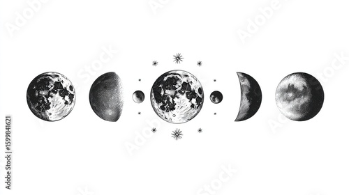 Wallpaper Mural Detailed grayscale illustration depicting the eight lunar phases, arranged horizontally with a central full moon adorned by small stars.  The phases transition smoothly from full to new moon Torontodigital.ca