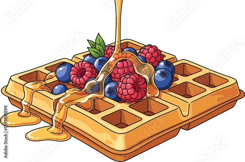 Delicious waffle illustration topped with fresh raspberries and blueberries, drizzled with golden honey, creating a sweet and visually appealing breakfast or dessert concept.
