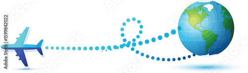 A vibrant blue airplane flies towards a detailed globe, symbolizing global travel and international destinations with a dotted line path, perfect for travel agencies and tourism promotions.