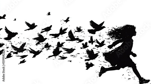 Wallpaper Mural Running girl silhouetted transforming into flying birds on stark white background Torontodigital.ca
