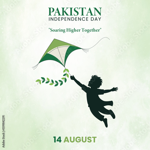 Pakistan Independence Day Celebration with Soaring Kite, Happy 14 August Pakistan National Day Vector Art, Patriotic Pakistani Child Flying Kite Illustration, Pakistan Independence Day Banner Design