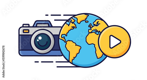 A stylized camera, globe, and play button create a dynamic global media concept, perfect for travel videos, international photography, and worldwide broadcasting with a modern design.