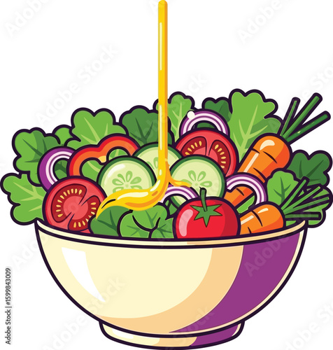 A vibrant cartoon salad illustration features fresh vegetables like lettuce, tomatoes, cucumbers, carrots, and red onions, topped with a drizzle of golden dressing in a bowl.