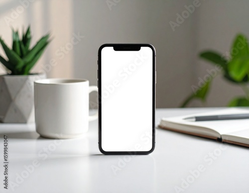 Wallpaper Mural Modern smartphone with blank white screen on a white desk styled with potted plants coffee mug and open notebook for technology and business themes Torontodigital.ca