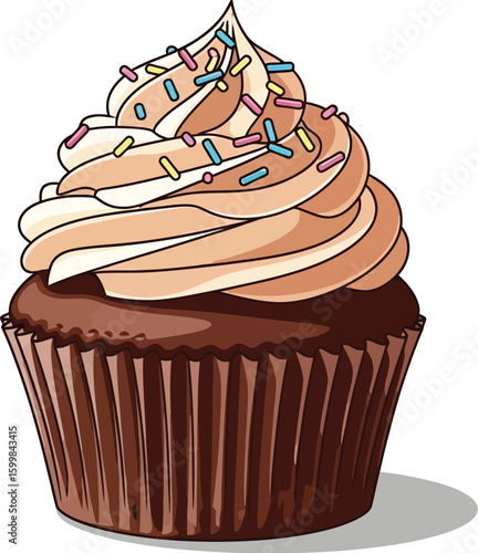 Delicious chocolate cupcake illustration with creamy frosting and colorful sprinkles, perfect for dessert lovers and baking enthusiasts, ideal for menus, blogs, and sweet treat designs.