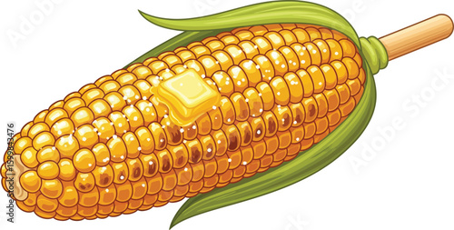 Delicious corn on the cob with melting butter is presented in this vibrant illustration, perfect for culinary projects, food blogs, and summertime promotions, showcasing fresh produce.