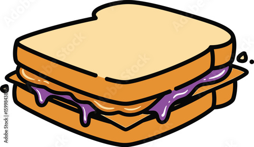 A delightful peanut butter and jelly sandwich illustration featuring cartoon style bread, peanut butter, and dripping jelly, perfect for food blogs and children's content.