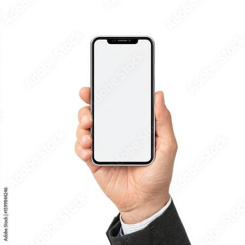 A hand holding a modern smartphone with a blank screen, ideal for showcasing apps or digital content.