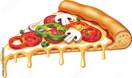 A delicious pizza slice illustration showcases melted cheese, pepperoni, mushrooms, and colorful peppers, perfect for food-related designs and culinary projects with a cartoon style.