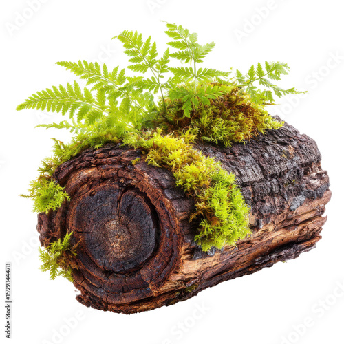 realistic jungle driftwood with mossy texture and fern growth isolated on transparent background
