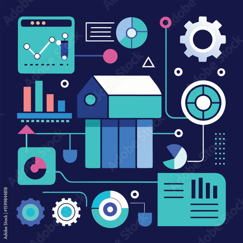 Abstract data visualization and analytical process depicted in a modern and simplified illustration