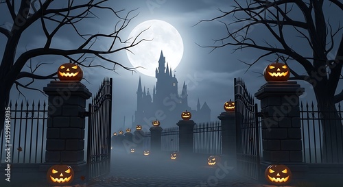 Eerie Halloween scene: Jack-o'-lanterns illuminate a path leading to a spooky castle under a full moon.