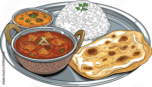 Delicious Indian thali featuring flavorful curry, fluffy rice, and soft naan bread, presented on a traditional metal plate, showcasing a vibrant and appetizing culinary experience.