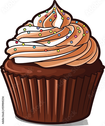Delight in a whimsical cartoon cupcake illustration, featuring a rich chocolate base and a swirl of creamy frosting adorned with colorful sprinkles, perfect for dessert lovers.