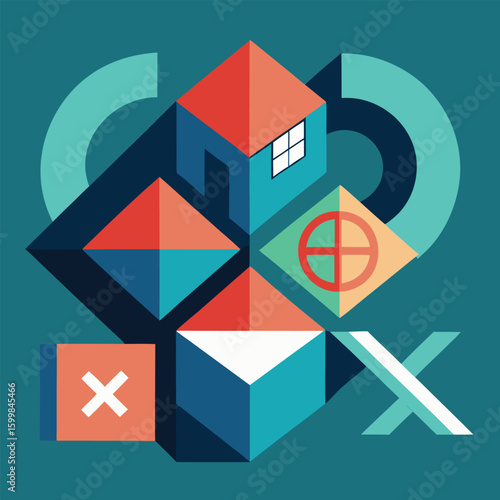 Abstract geometric composition featuring cubist shapes in a colorful modern artistic illustration design