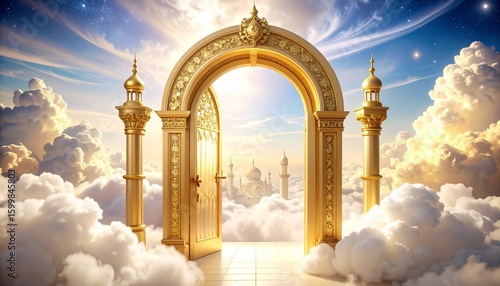 Magical golden doorway opening to reveal a beautiful city in the clouds. Fantasy concept of heaven or a new beginning