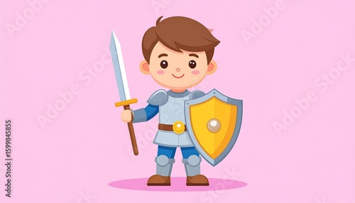 Cute boy in armor holding sword and shield
