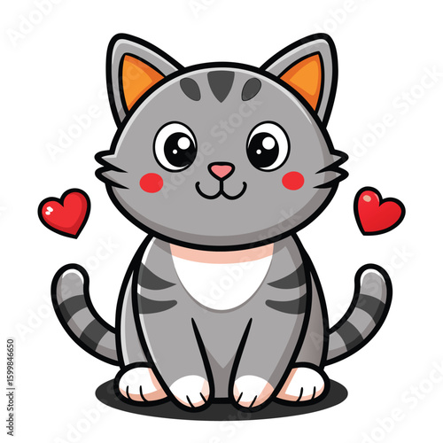 A cute cartoon kitten with a heart, a happy and funny illustration of a small, smiling feline character