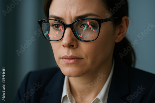 Woman with glasses analyzing a chart.