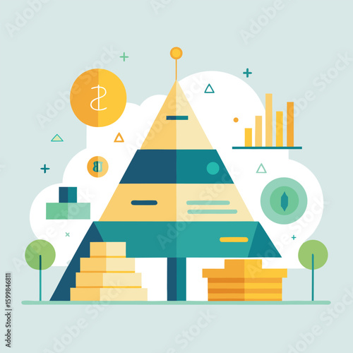 Abstract illustration of business finance growth concept with pyramid chart and financial elements in a minimalist design.